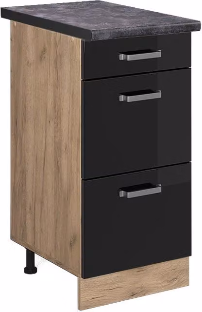 Mobiletto base per cucina R-Line Nero lucido/Rovere dorato 40 cm con cassetti, PL Antracite Vicco