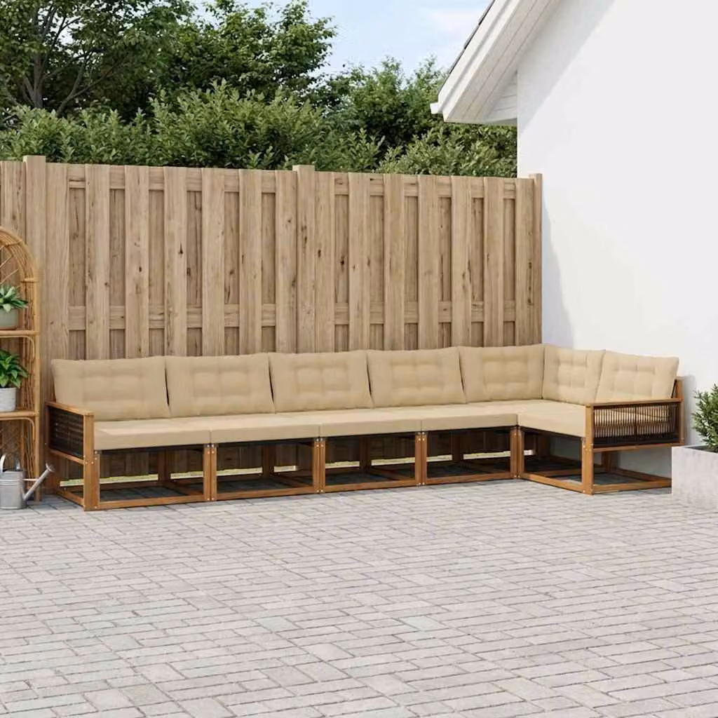 Set di divani da esterno vidaXL a forma di L composto da 6 pezzi in legno di acacia trattato, colore marrone e beige con cuscini inclusi e rivestimenti rimovibili in textilene