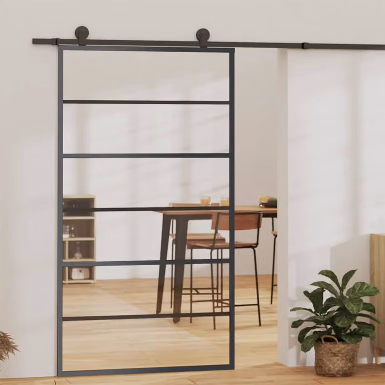 Porta Scorrevole vidaXL in Alluminio e Vetro ESG Trasparente con Kit di Montaggio, Colore Nero, L: 102 cm, H: 205 cm