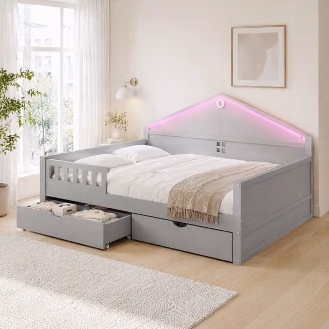Letto singolo 140x200 cm in legno con LED integrato e cassetti, struttura robusta grigia