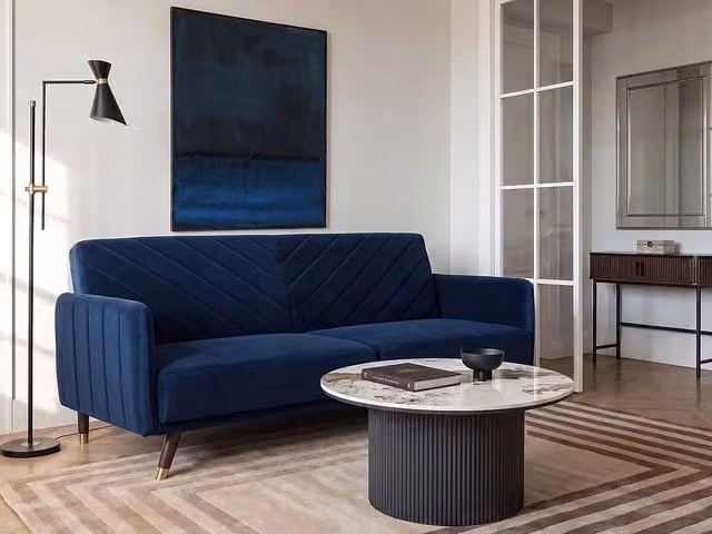Divano Letto Click Clack Beliani in Velluto Blu Navy con Struttura in Legno e Poggiatesta Regolabile per Soggiorno