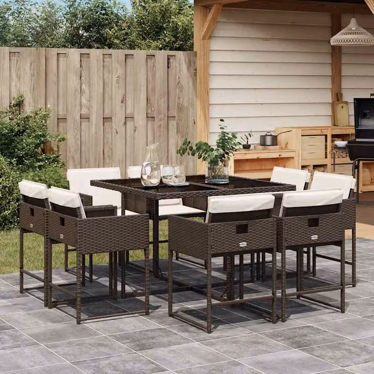 Set da Pranzo da Giardino vidaXL 9pz in Polyrattan Marrone con Cuscini Bianchi e Tavolo in Vetro