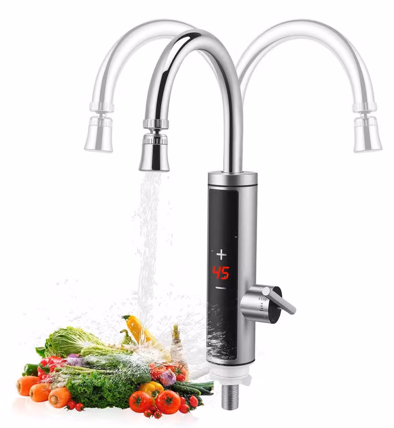 Rubinetto da cucina con resistenza riscaldante integrata, 220 V, display LCD, rotazione a 360°, acciaio inossidabile
