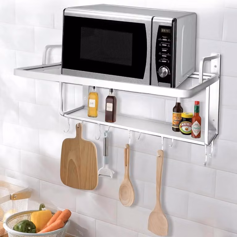 Ripiano per microonde - Scaffale da cucina da montare a parete - 2 ripiani - Lega di alluminio - 10 ganci