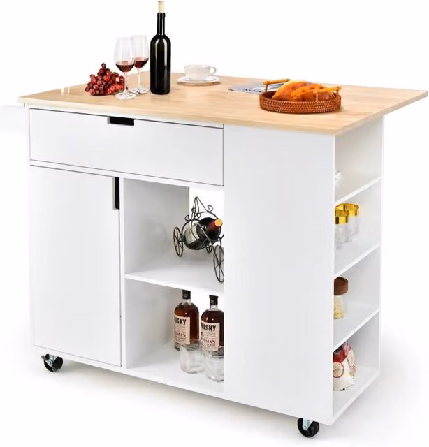 Carrello da cucina multifunzione COSTWAY con cassetto e ripiano aperto, pieghevole e con ruote, Bianco, L: 124 cm, P: 76 cm, H: 92 cm