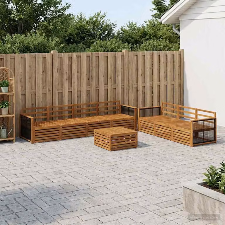 vidaXL Set di divani da esterno a forma di U composto da 8 pezzi in legno di acacia massello marrone con cuscini inclusi