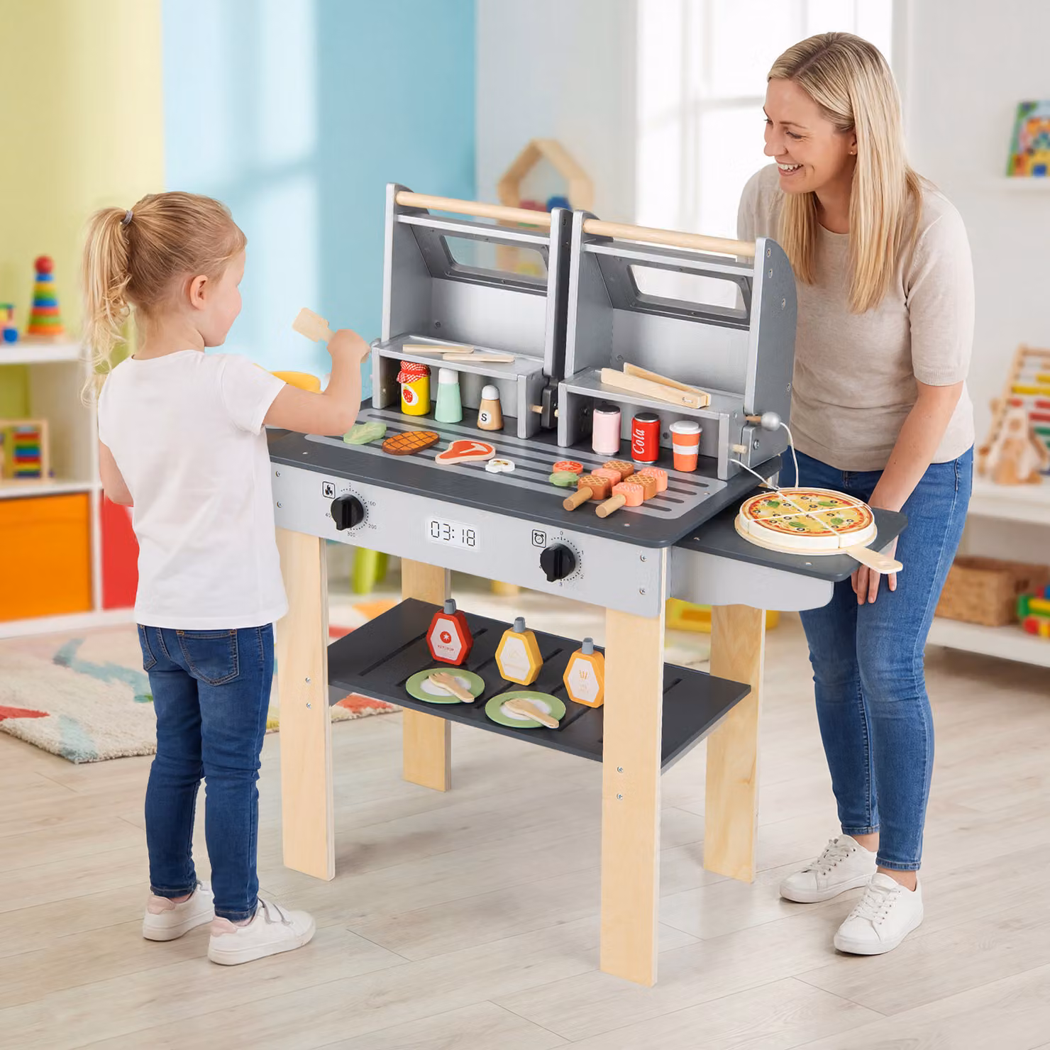 Set di gioco barbecue in legno per bambini Costway con accessori e 2 grill, Grigio