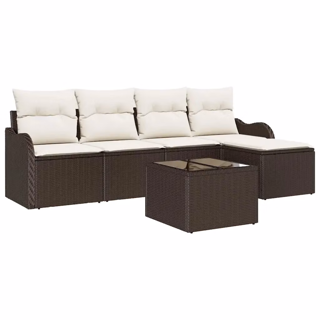Set Divano da Giardino vidaXL 6 pz in Polyrattan con Cuscini e Tavolino, L-Shape, Grigio, Bianco e Marrone – 2