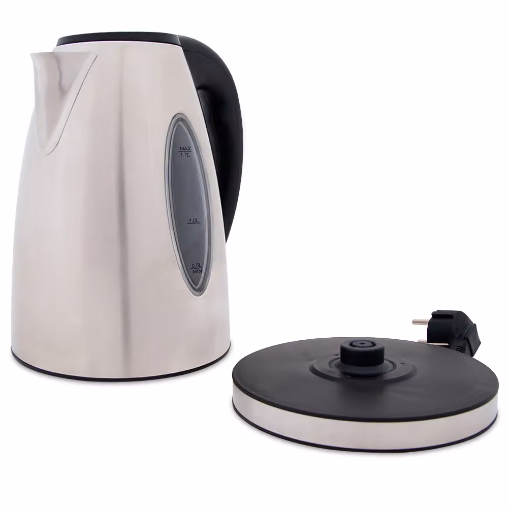 Bollitore elettrico Deuba in acciaio inox e vetro, capacità 1,7 l, 2200 W, colori nero e argento con filtro anticalcare e spegnimento automatico – 3