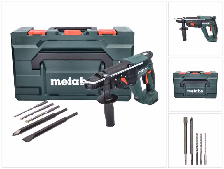 Martello combinato a batteria Metabo KH 18 LTX 24 18 V 2,1 J SDS plus + set di punte e scalpelli da 5 pezzi + metaBOX - senza batteria, senza caricabatterie