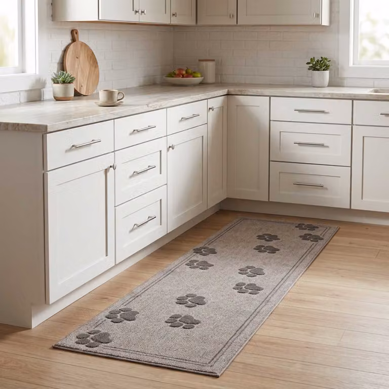 Tappeto da cucina vidaXL con motivo a zampe, grigio, lavabile e antiscivolo, L: 150 cm, P: 45 cm
