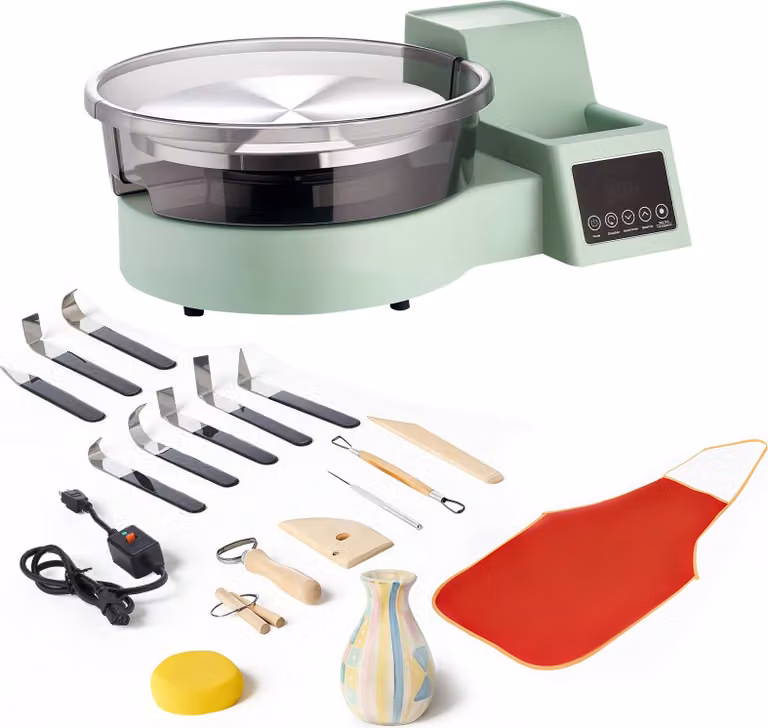 SucceBuy Tornio elettrico da 450 W, tornio da vasaio con piatto girevole in alluminio da 28 cm, pedale e velocità regolabile da 30 a 300 giri/min, robusto alloggiamento in PP, ideale per l'arte dell'argilla fai da te e per i principianti, verde