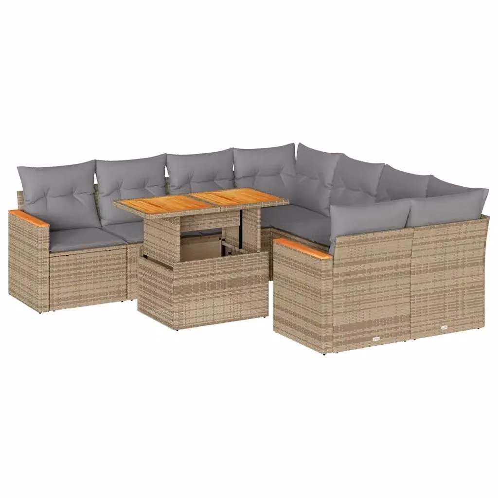 Set Divano da Giardino a L vidaXL in Polyrattan e Legno di Acacia con Cuscini Beige e Grigio, 9 Pezzi – 2