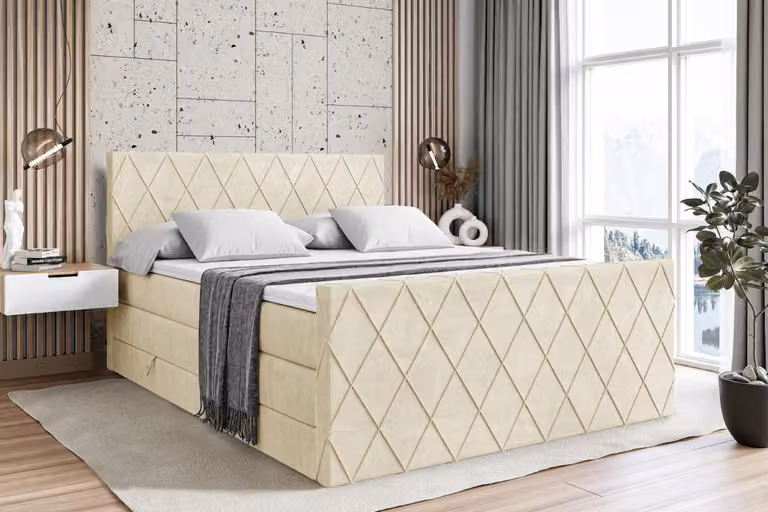 Letto boxspring ALTDECOR con materasso e rete a doghe - LEPARO -Z KING - 200x200 cm - Beige Monolith - Coprimaterasso, pediera, letto imbottito con contenitore, letto con vano portaoggetti H3 e H4 - Materasso, letto matrimoniale, letto boxspring