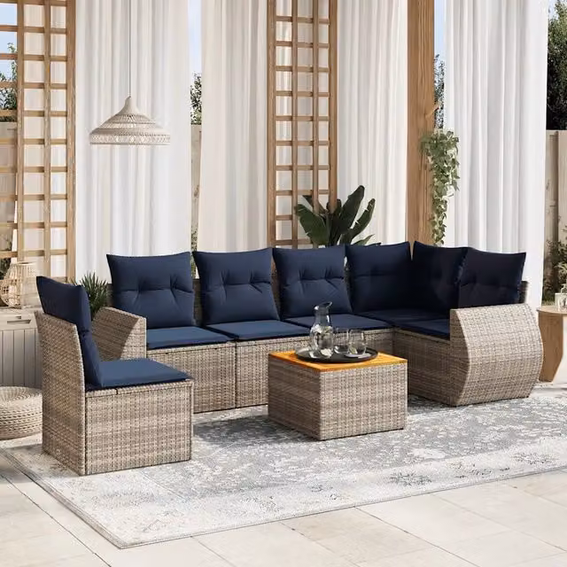 Set Divani da Giardino 7 pz con Cuscini Grigio in Polyrattan 3225032