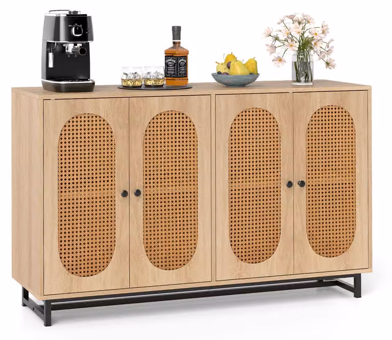 Credenza COSTWAY con 4 ante in rattan, mobile da cucina in legno, credenza con ripiani regolabili e gambe in metallo, cassettiera, 126 x 40 x 81 cm, colore naturale