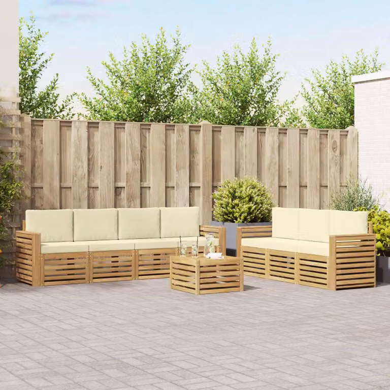 Set divani da giardino vidaXL 8 pezzi a forma di L in legno di acacia con cuscini bianchi e beige e tavolino da caffè da esterno