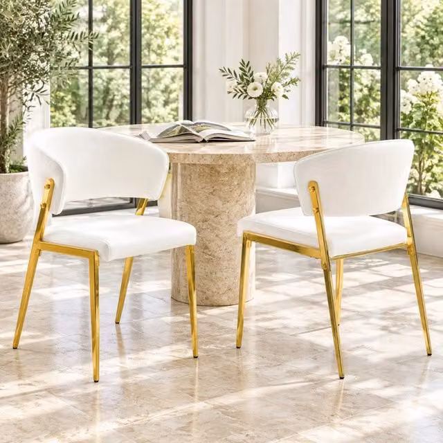 Sedia da pranzo ULEVR bianca imbottita in similpelle PU con schienale curvo ergonomico e gambe in metallo