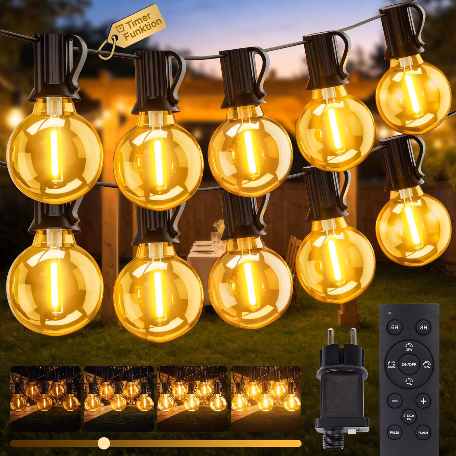 Catena luminosa LED da 30 metri per uso esterno, con dimmer e timer, grado di protezione IP65, luce bianco caldo, composta da 37 lampadine G40