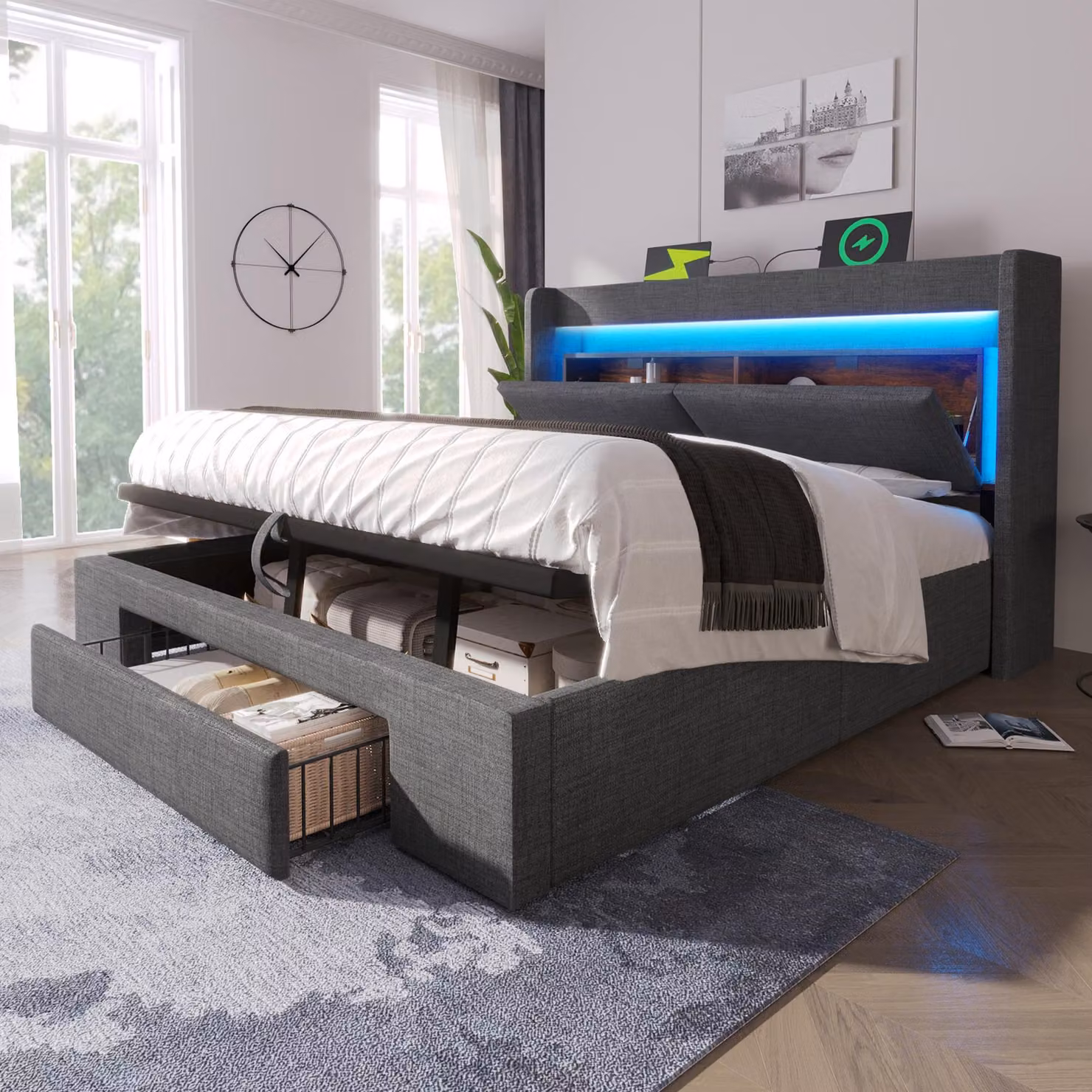 Letto imbottito 180x200, con sistema di sollevamento idraulico, contenitore integrato, poggiatesta con vano portaoggetti, illuminazione LED, porte USB e USB-C, doghe in legno, rivestito in lino, senza materasso.