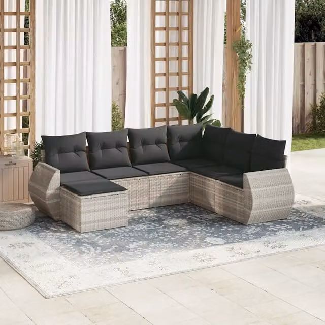 Set Divani da Giardino 7pz con Cuscini Grigio Chiaro Polyrattan 3254039