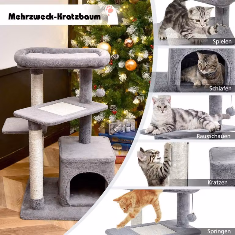 Tiragraffi con pali in sisal, piattaforma superiore in peluche, grigio