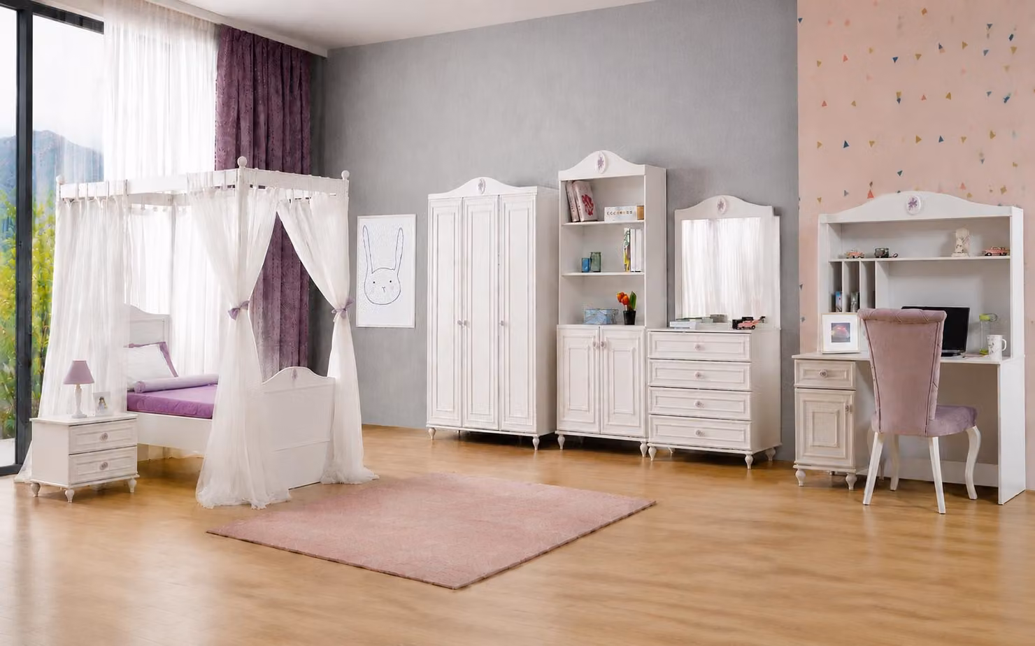 Armadio, cassettiera, libreria, scrivania, set bianco