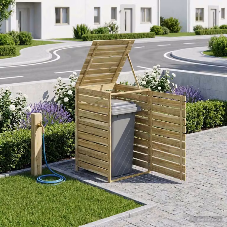 vidaXL Ricovero per bidoni della spazzatura con ruote in legno, colore marrone