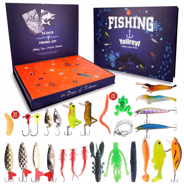 Calendario dell'Avvento a tema pesca 2026 per uomini, con 24 articoli: set di esche da pesca, ideale come regalo di Natale per pescatori
