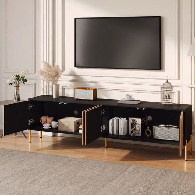 Mobile TV quattro ante senza maniglie superficie tridimensionale gambe metallo dorato nero e naturale 179 × 35 × 53;5 cm