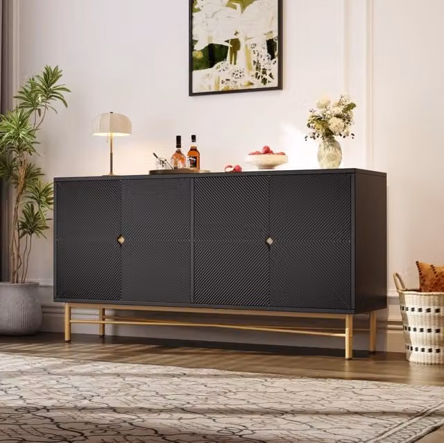 Credenza moderna a quattro ante con dettagli geometrici dorati e finitura nera opaca L: 82 cm, P: 40 cm, H: 41,9 cm
