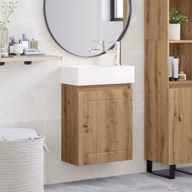 Mobile bagno sospeso vidaXL in rovere con lavabo in ceramica bianca e finiture argento e marrone
