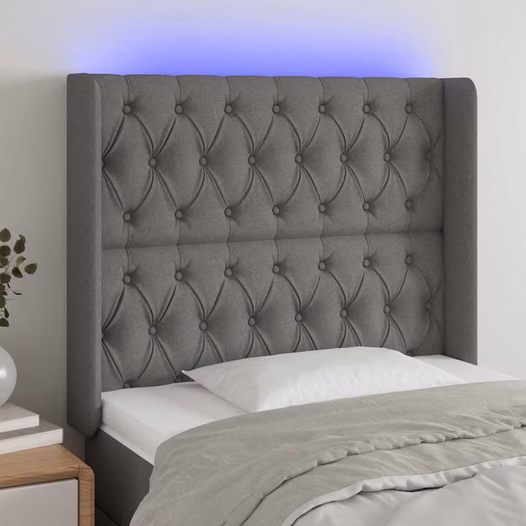 Testiera per letto con illuminazione LED e porte USB vidaXL in tessuto grigio, L: 103 cm, P: 16 cm, H: 118-128 cm