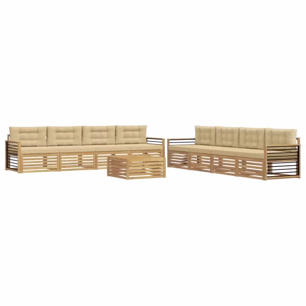 Set di divani da esterno a forma di U vidaXL in legno di acacia con cuscini, Bianco e Beige – 2