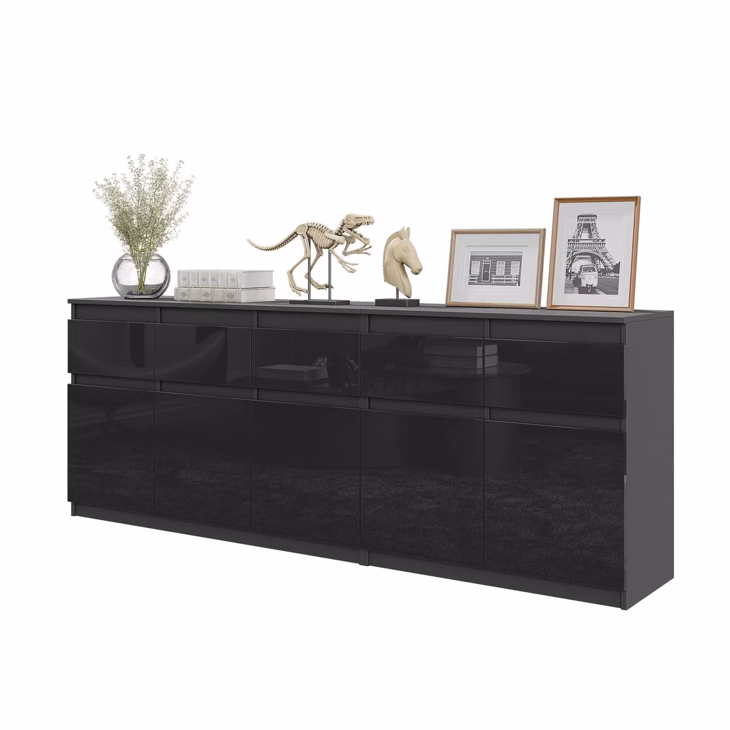 Cassettiera NOAH Antracite / Nero Lucido – Grande Cassettiera per Camera da Letto con 5 Cassetti e 5 Ante, Set di Mobili L200 x H75 x P35 cm