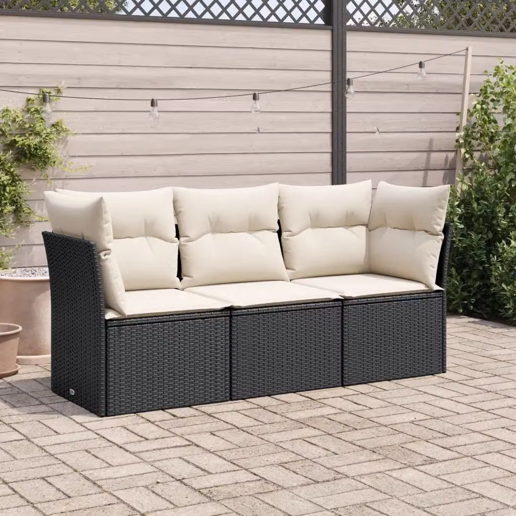 Set Salotto da Giardino a L con Divano a 3 Posti e Poltrona, Design Moderno in Polyrattan Nero e Bianco con Cuscini Inclusi – 2
