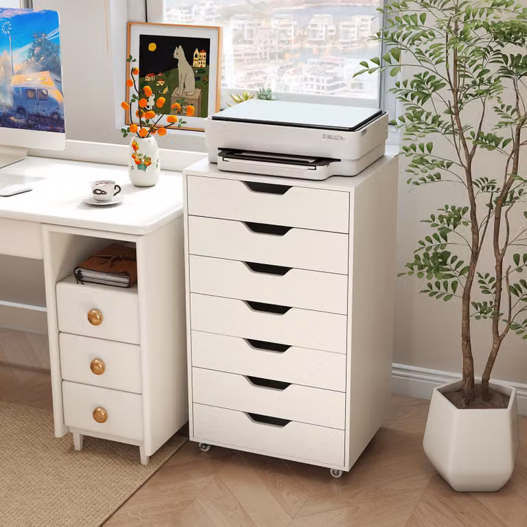Mobile organizzatore documenti Costway con 7 cassetti in legno beige e 4 ruote girevoli per ufficio e casa