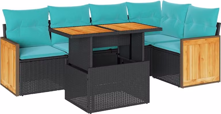 Set Divano da Giardino 6 pz con Cuscini Nero Polyrattan Acacia