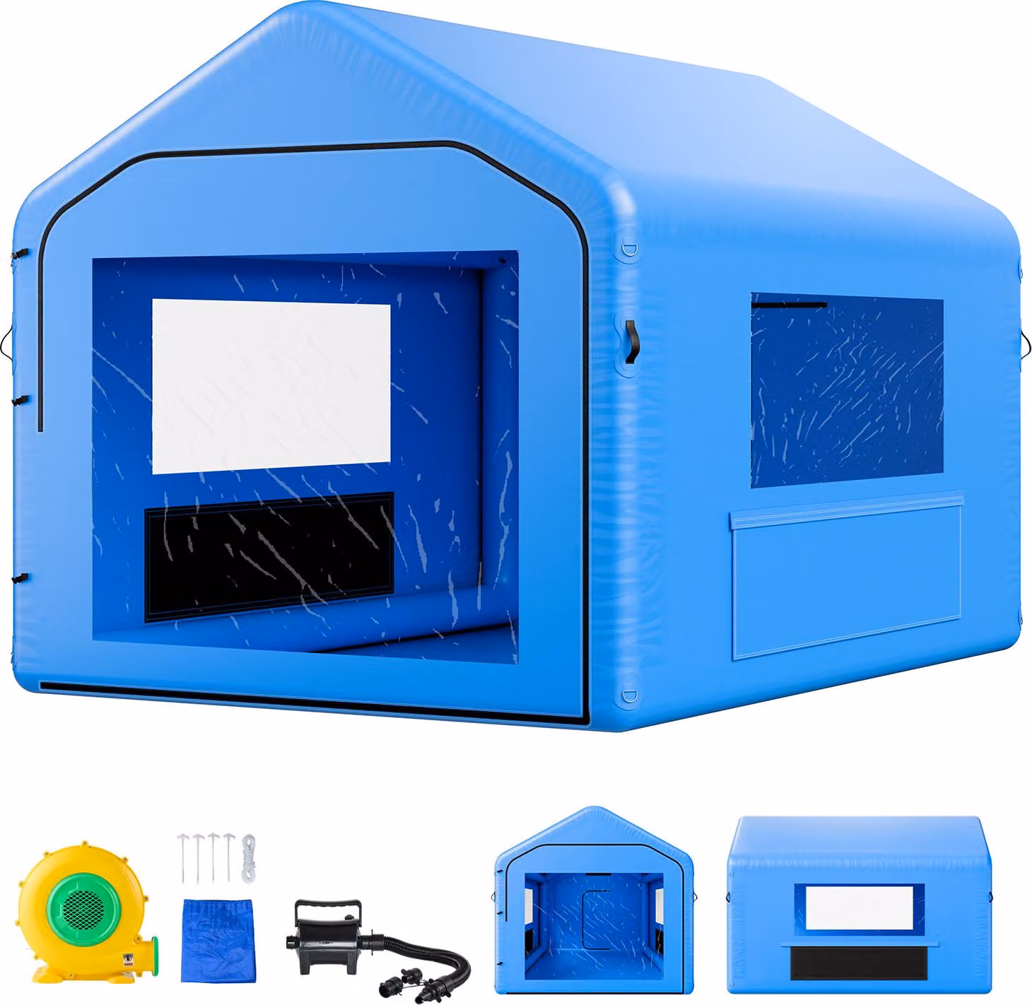 SucceBuy Cabina di verniciatura gonfiabile 4 x 3 x 2,8 m, tenda con soffiante da 750 W e sistema di filtraggio dell'aria, tetto triangolare, materiale PVC, adatta per la verniciatura a spruzzo di parti metalliche e componenti di veicoli