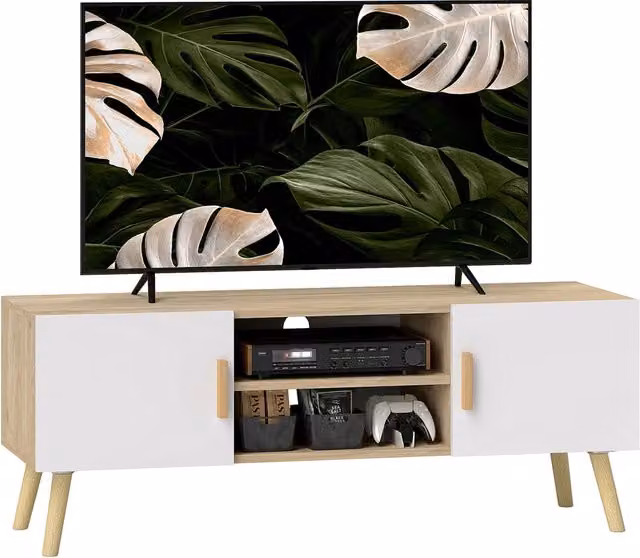 Mobile TV in Legno Rovere per TV Fino a 50 Pollici con 2 Ante Ripiani e Passacavi per Soggiorno Design Moderno