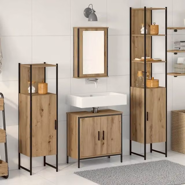 Set di mobili da bagno moderno vidaXL in legno marrone e nero composto da armadietto con specchio, mobile lavabo, colonna alta e mobile laterale, H x L x P: 185,5 x 33 x 33 cm