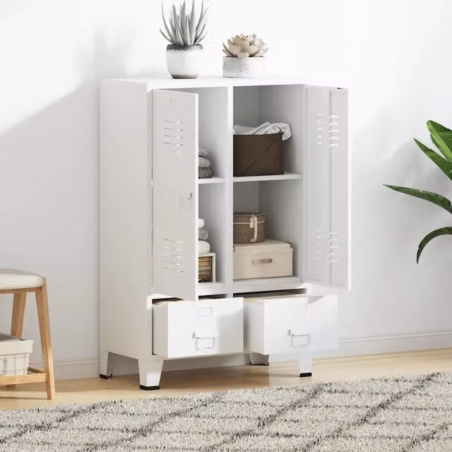 Armadio Industriale vidaXL in Metallo Bianco con Ante a Battente e Ripiani Interni L: 67 cm, P: 35 cm, H: 107 cm