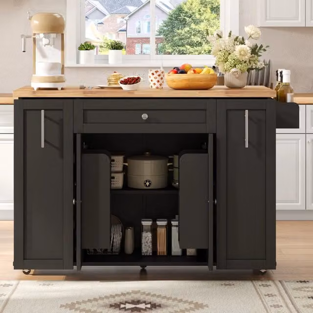 Carrello da cucina con piano pieghevole, 3 cassetti e 2 ripiani sulle ante, MDF nero naturale, 120 × 45 (70) × 87 cm