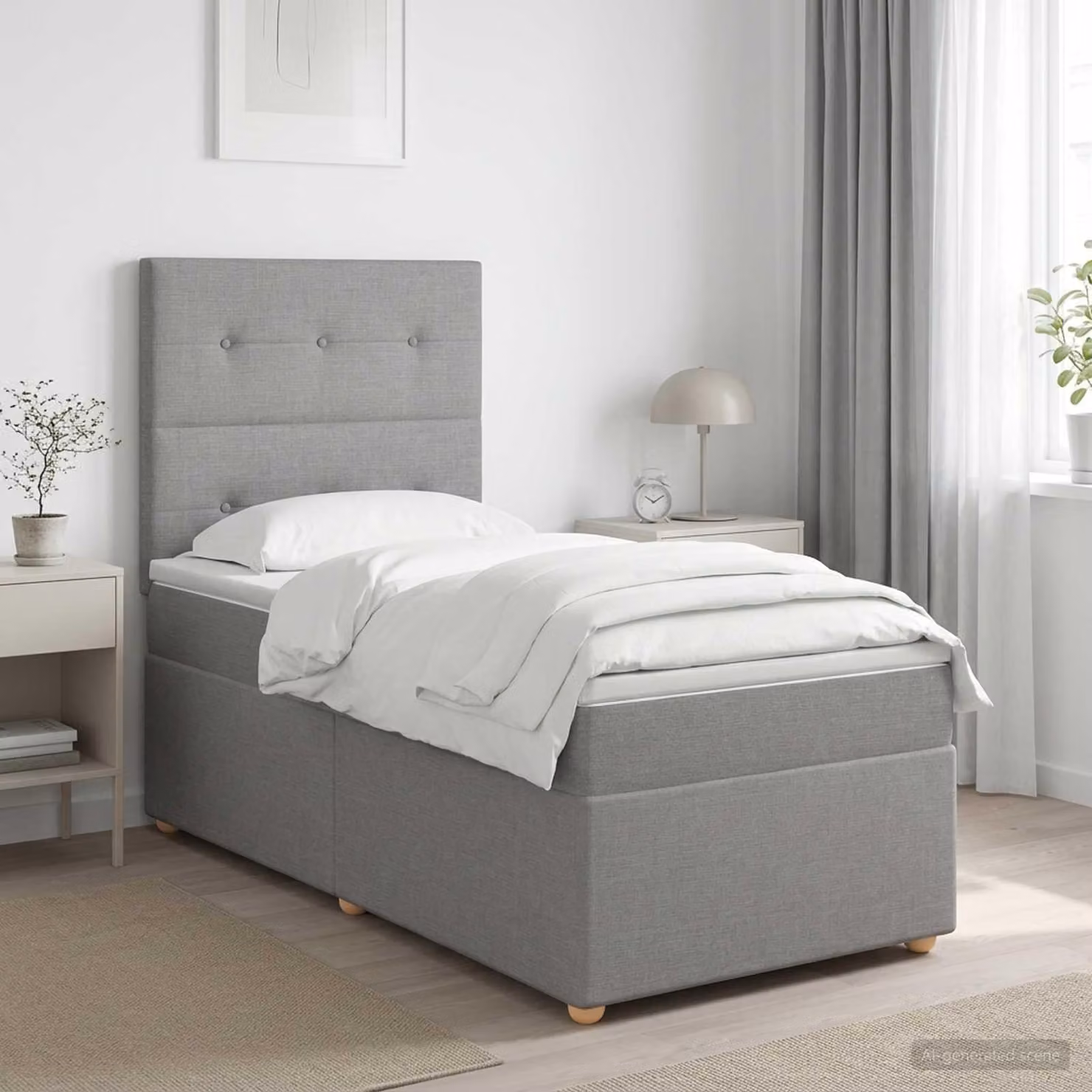 Letto a molle con materasso e testiera, colore grigio chiaro, modello singolo, rivestito in tessuto