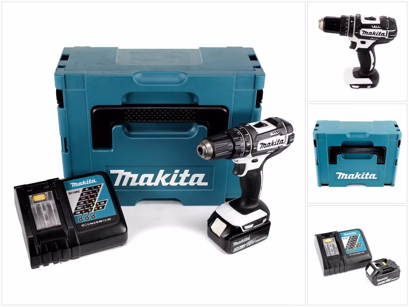 Makita DHP 482 W RF1J - 18 V Trapano avvitatore a percussione a batteria bianco in valigetta Makpac + 1x Batteria 3,0 Ah + Caricatore rapido DC 18 RC