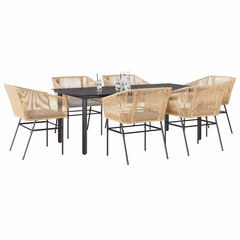 Set da pranzo da giardino vidaXL in polyrattan marrone con tavolo in vetro e 7 pezzi con cuscini