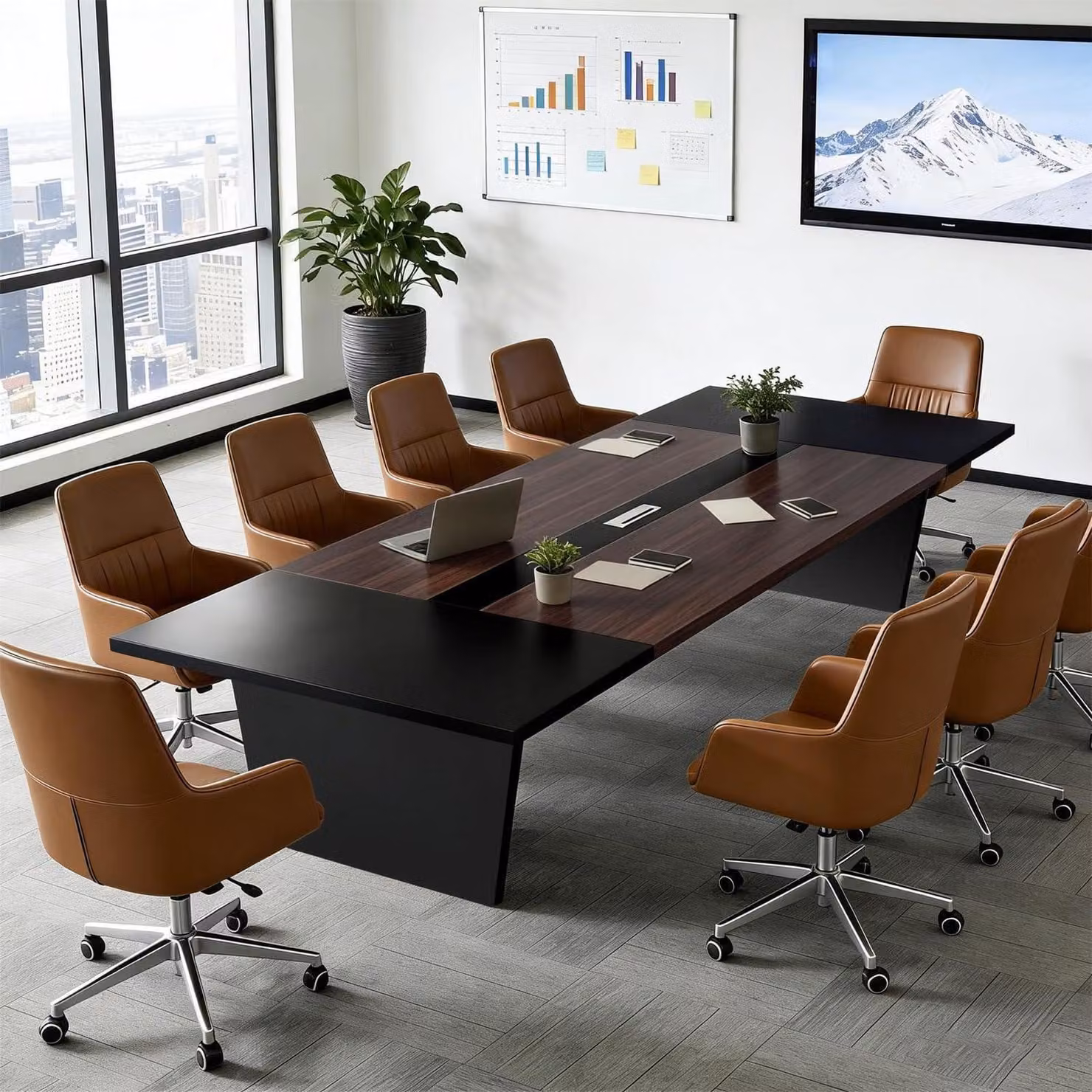 Tavolo da conferenza per ufficio, dimensioni 160x100x74 cm, colore nero e bianco, piano del tavolo spesso 2,5 cm