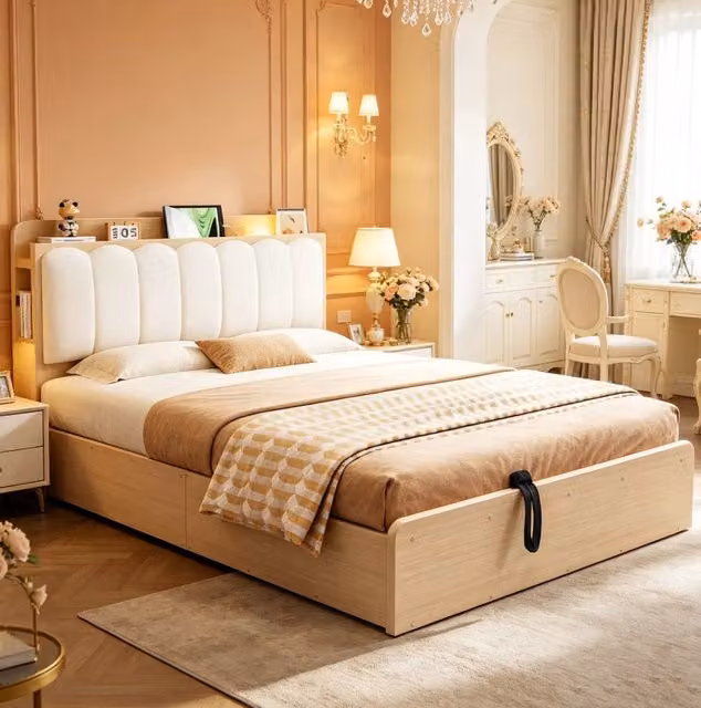 Letto 140x200 cm con contenitore idraulico; testiera con vani; USB e luce; legno colore naturale