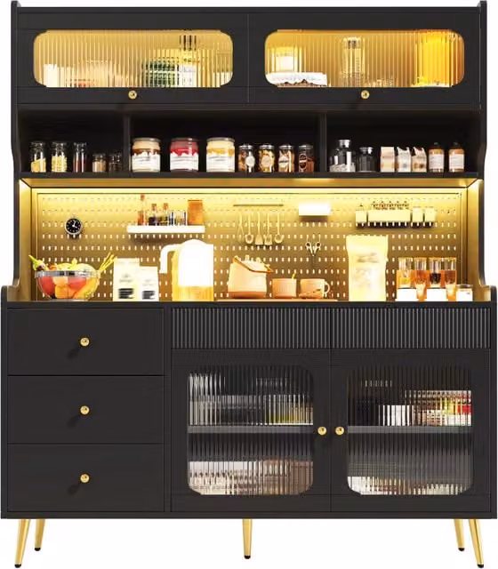 Credenza alta nera con illuminazione LED; 145 x 39 x 171 cm; cassetti; ante e ripiani in vetro per cucina e soggiorno