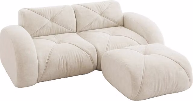 Divano modulare 2 posti in chenille beige chiaro con schiuma ad alta densità 32D e pouf